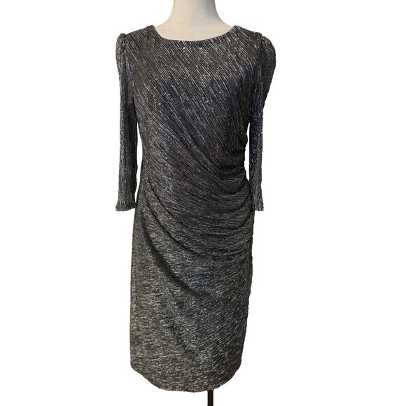 R&M Richards Dress 14 Silver Black Shimmer Stretch Cruise Party Wedding NEW - Picture 1 of 14